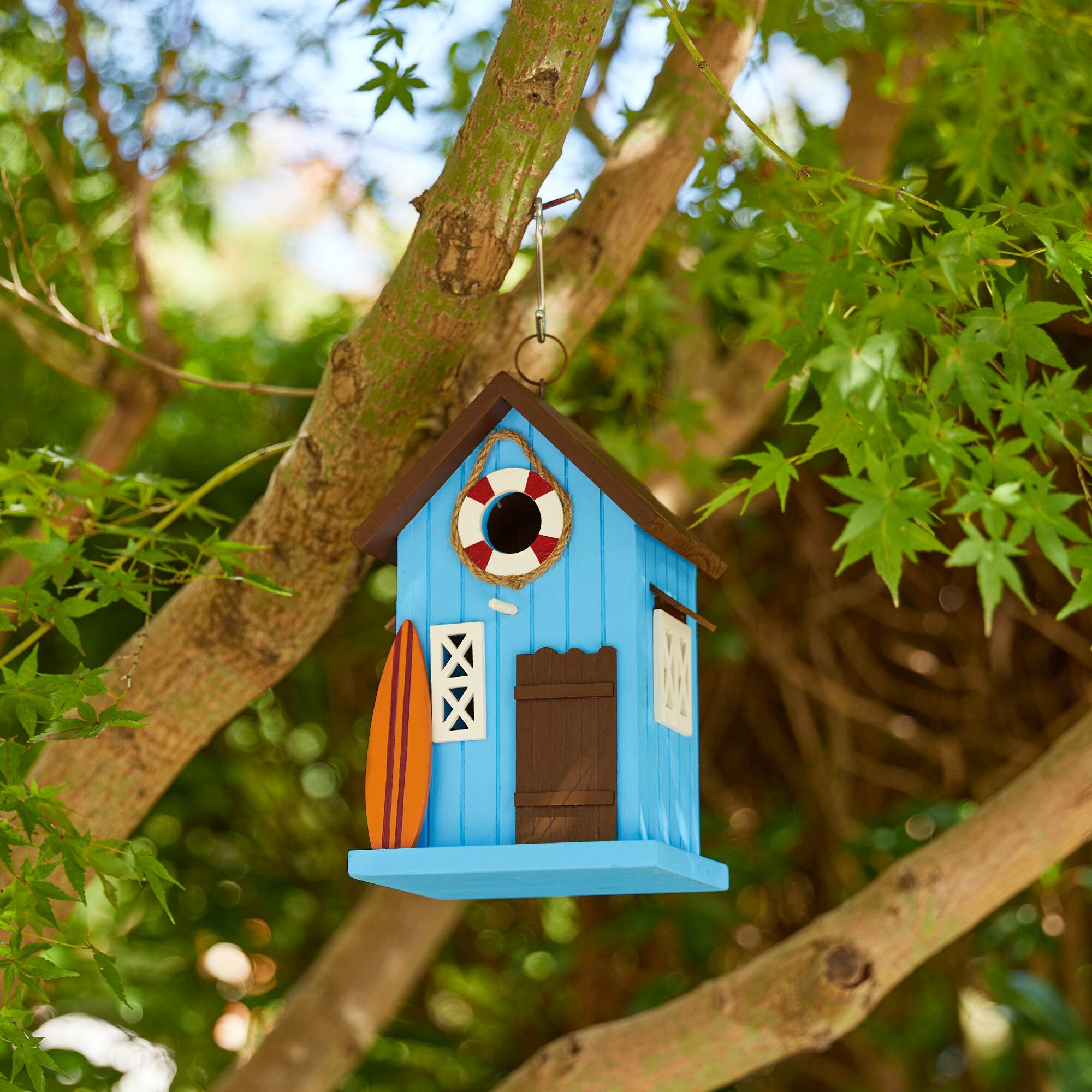 Glitzhome® 10" Modern Blue Wood Beach Hut Birdhouse